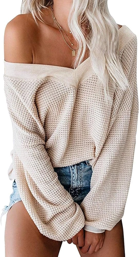 ReachMe Womens Oversized Off The Shoulder Tops Long Sleeve Waffle Knit Shirt Drop Shoulder Sweater Top