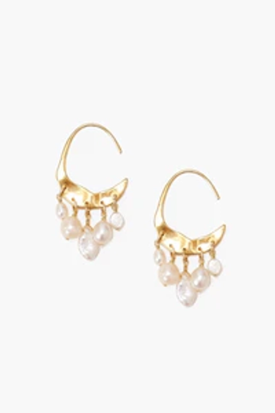 Petite Crescent White Pearl and Gold Hoop Earrings