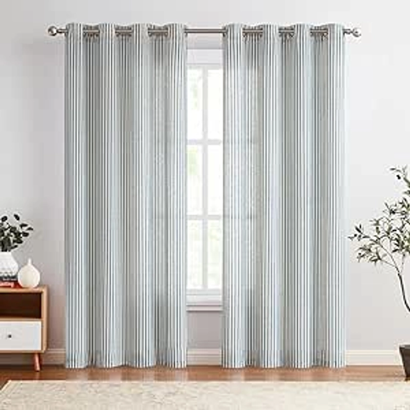 Vangao Linen Stripe Curtains Tickingstripe Light Filtering Window Curtains Blue Pinstripe Printed on Beige Drapes 96 Inches Long for Living Room Bedroom Grommet Top 2 Panels