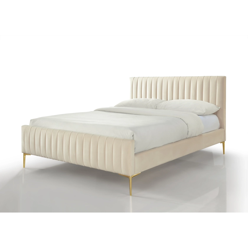 Omax Decor Julia Upholstered Platform Bed with Channel Tufted Headboard and Gold Legs