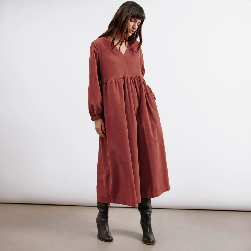 Cord V Neck Gathered Midi Dress