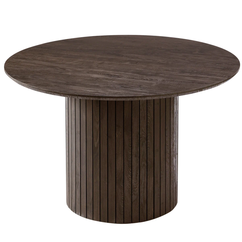 Milas - Table de salle à manger ronde à lamelles Ø120 cm en chêne fumé avec pied colonne