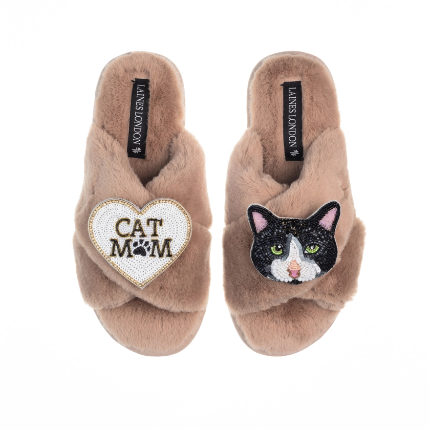 Classic Laines Slippers With Cat Mum/Mom & Oreo Cat Brooches - Toffee by LAINES LONDON