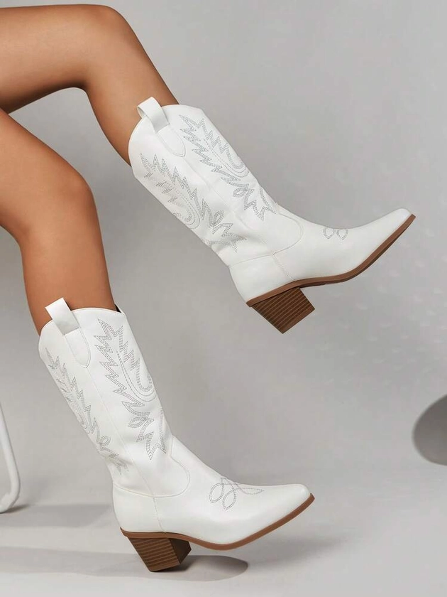 Women Embroidered Chunky Heel Cowboy V-Neck Martin Boots