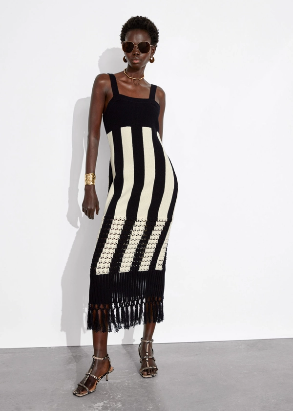 Fringed Knit Midi Dress - Black/White - Midi dresses - & Other Stories US
