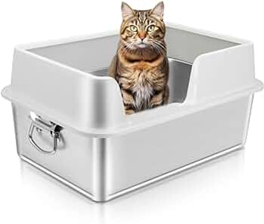 Stainless Steel Litter Box with High Sides,Anti-Splashing Large Cat Litter Box with Handle,Non-Sticky XL Metal Litter Box,Anti-Leakage Big Litter Box,Kitty Litter Box (White, Large)