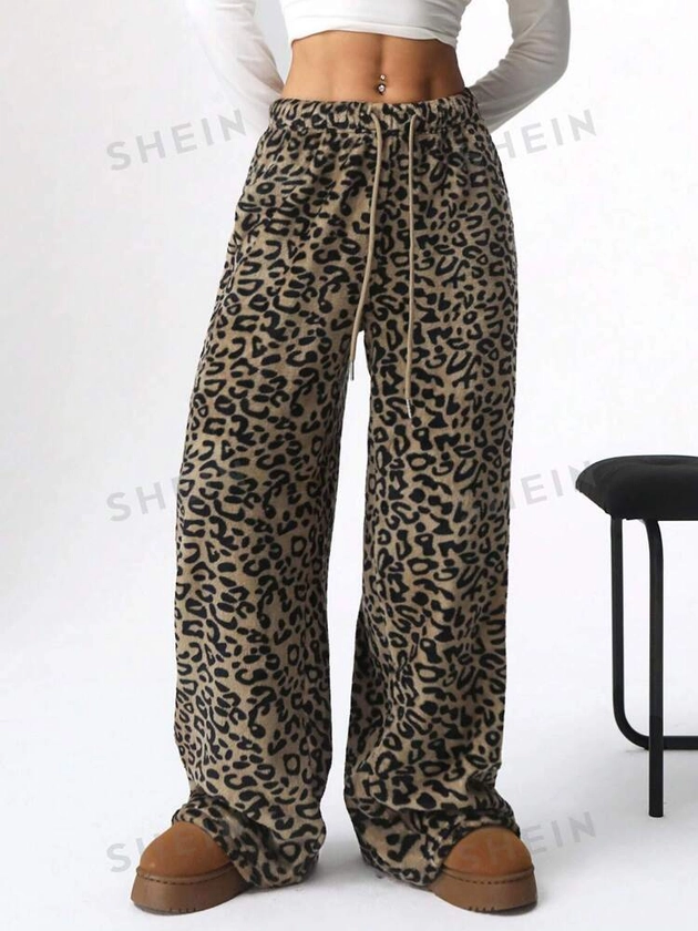 SHEIN EZwear Women Fashion Drawstring Straight Leg Casual Streetwear Leopard Print Pants