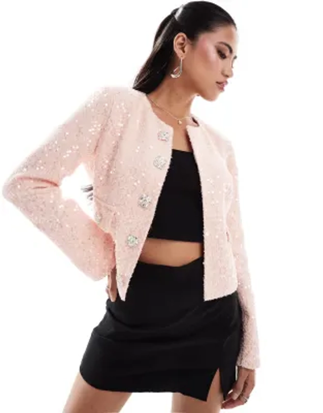 Lavish Alice sequin boucle jacket in pink | ASOS