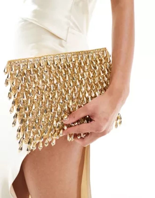 ASOS DESIGN all over beaded zip top clutch bag in gold | ASOS