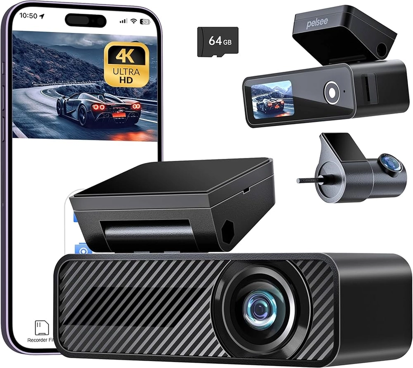 Pelsee P1 Duo 4K Dash Cam Front and Rear, 4K+1080P Dual Car Camera for Cars, Free 64GB Card included, Built-in Wi-Fi,1.5” IPS Display Mini Dashcam,Night Vision,Voice Control,24H Parking Mode,G-Sensor