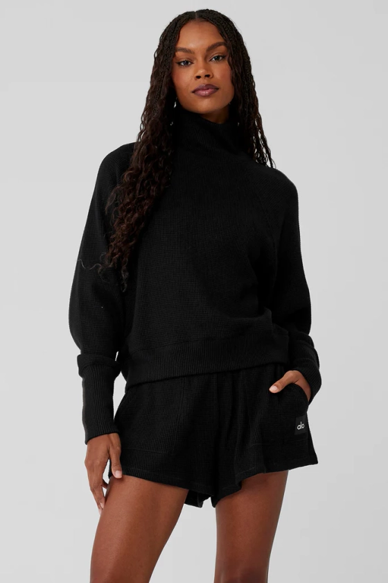 Waffle Weekend Escape Mock Neck Long Sleeve - Black