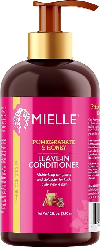 Mielle Organics Pomegranate & Honey Leave-In Conditioner, Moisturizing Curl Primer and Detangler, Repair Damage and Prevent Frizz, Treatment For Thick Curly Hair Type 4 Hair, 12-Fluid Ounces