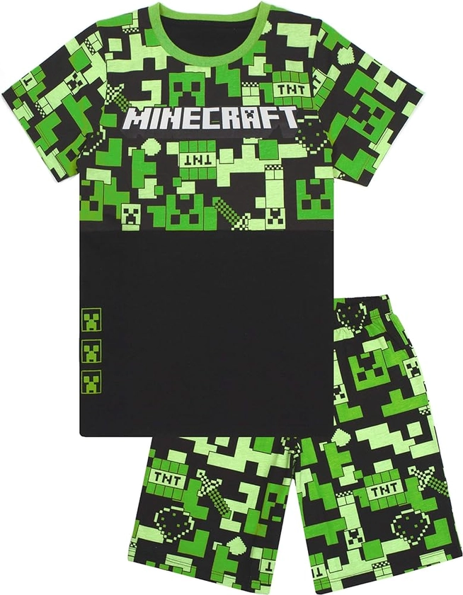 Minecraft Pyjamas For Boys | Kids Long Or Short Bottoms Options & Gamer T-Shirt | Childrens Creeper PJ Set Merchandise Gifts
