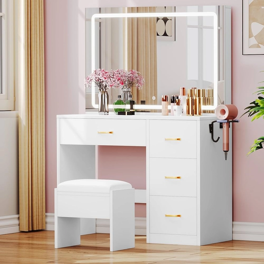 Amazon.com: DWVO Makeup Vanity with Lighted Mirror, Vanity Desk with Power Strip, Adjustable Lighting, 4 Drawers, and Cushioned Stool for Bedroom, Dressing Room, Ivory : Everything Else