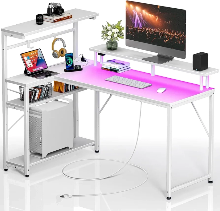 Seventable Gaming Desk with Power Outlet and LED Light, Reversible Small Desk with Monitor Stand and 4 Tiers Shelves, 39" L Shaped Desk with Hooks, Computer Desk for Living Room and Bedroom, White