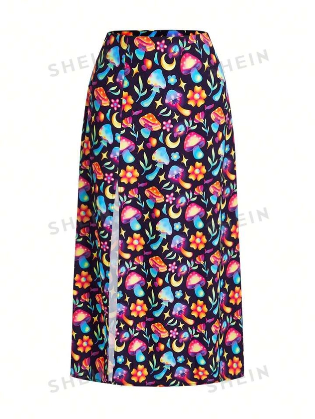 SHIRATWIG Women's Mushroom Printed High Split Midi Skirt