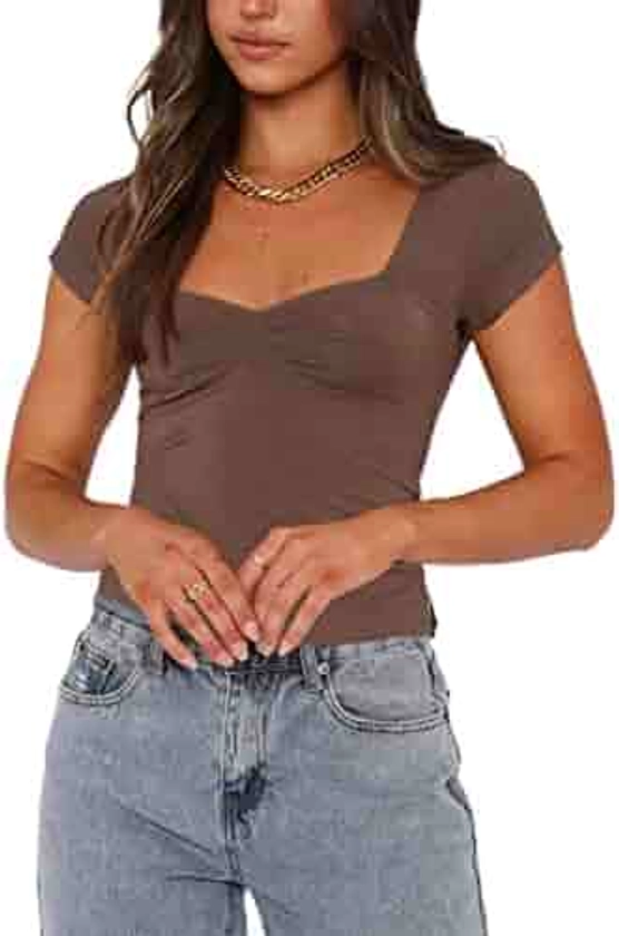 Women Summer Short Sleeve Top Y2K Square Neck Shirt Tee Basic Cute Slim Fitted Crop Top Blouse(B-Brown,S) at Amazon Women’s Clothing store