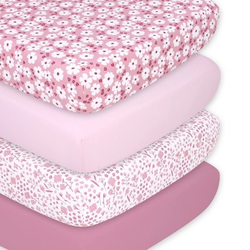 The Peanutshell Fitted Crib Sheet Set for Baby Girls, Daisy, 4 Pack | Pink, Mauve