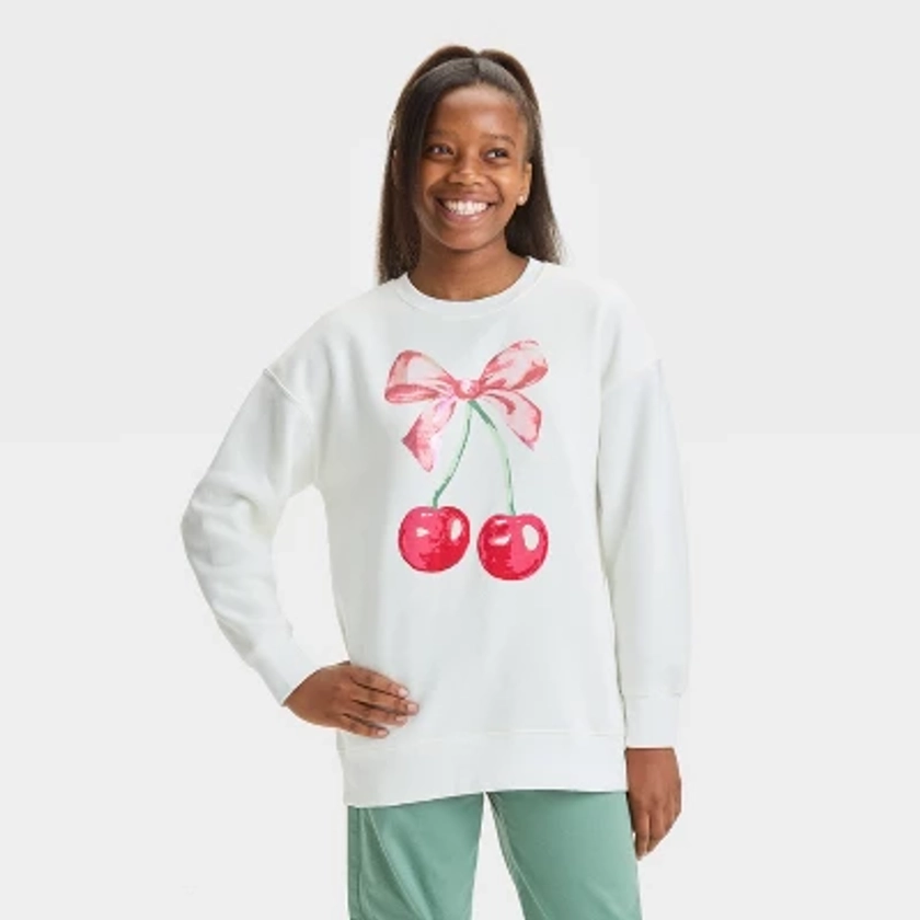 Girls' Long Sleeve Pullover Fleece Cherry Bow Crewneck Sweatshirt - art class™ White M