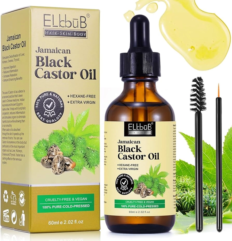 Jamaican Black Castor Oil - for Hair Growth Skin Condition, Eyebrows Eyelashes, Nail Care Grow, Moisturizing Massage Oil for Aromatherapy 2 fl oz