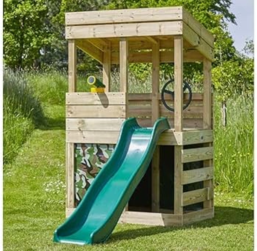 Rebo® Children's Wooden Lookout Tower Playhouse with 6ft Slide | OutdoorToys | Secret Den, Climbing Wall, either Binoculars or Telescope & Steering Wheel - Perfect for Gardens