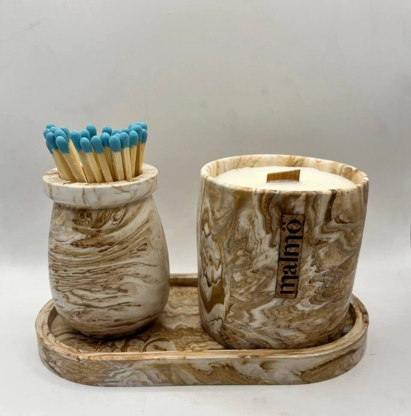 Refillable Natural Wax Pot Set with Candle, Tray and Match Pot.