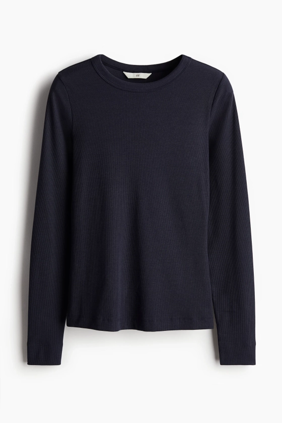 Ribbed modal-blend top - Round neck - Long sleeve - Navy blue - Ladies | H&M GB