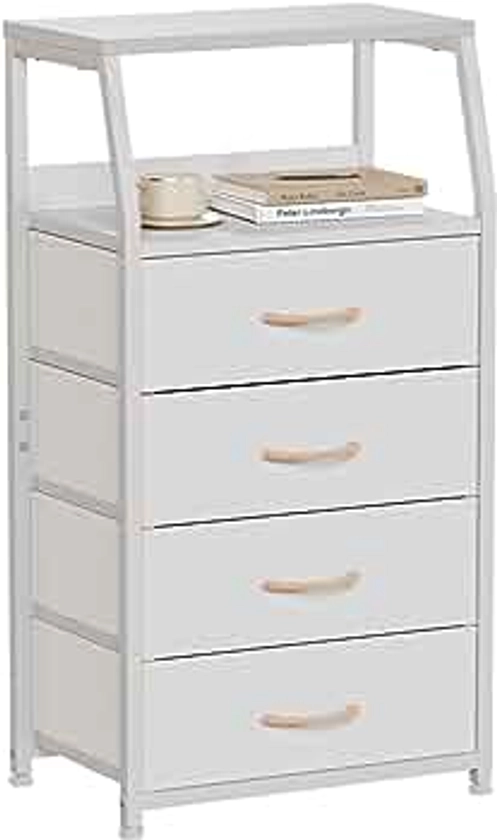 Furnulem Tall 4 Drawers Dresser, Vertical Storage Tower for Bedroom, Hallway, Entryway, Nursery, Closet Organizer, Nightstand Bedside Table Furniture, Sturdy Steel Frame, Wood Top, White