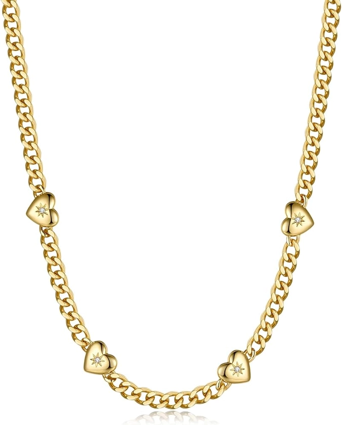 Amazon.com: NUZON 18K Gold Multi Hearts Station Necklace for Women Simple Multiple Pave-set CZ Charm Love Pendant By the Yard Necklace Layering Jewelry Gifts Adjustable Diamond-cut Cuban Link Chain 16'': Clothing, Shoes & Jewelry