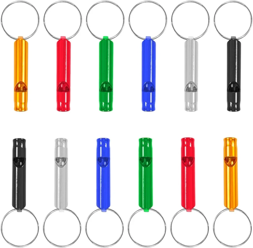 Set of 12 Extra Loud Whistles for Camping Hiking Hunting Outdoors Sports and Emergency Situations, Sturdy but Light Aluminium Key Chain Signals