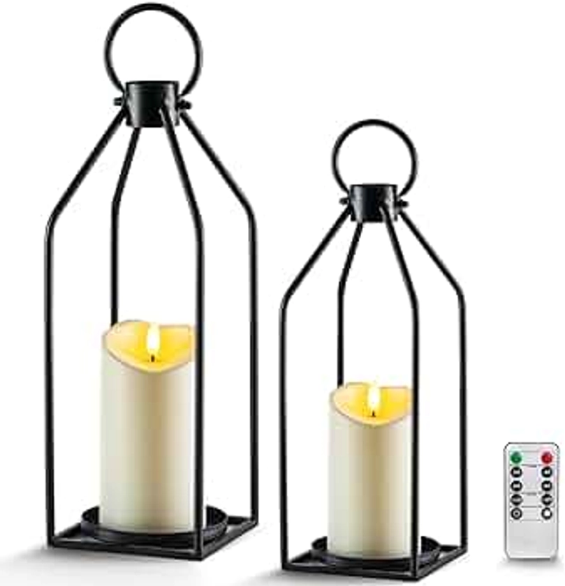 Homemory Modern Farmhouse Lantern Decor with Waterproof Flameless Candle & Remote Timer, 2PCS Black Metal Candle Lantern Decorative for Outdoor Indoor Home Living Room Patio Porch Table (Black)