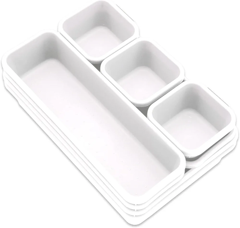 Addis 8pcs Interlocking Drawer Organiser Plastic Storage Trays Dividers for Kitchen Office Desk Make-Up Clothing Jewellery Craft Bathroom organising, White