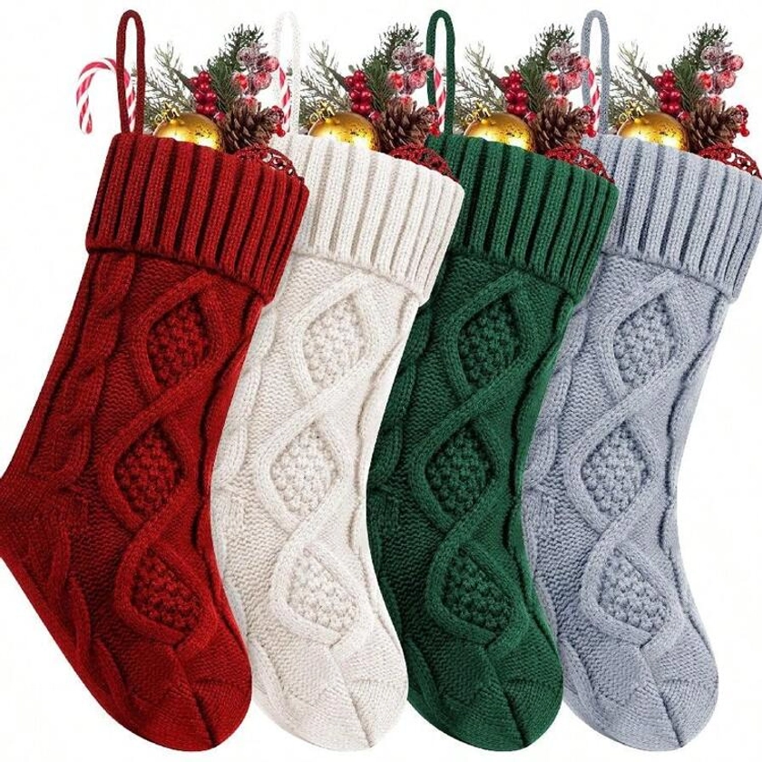 4 Packs Christmas Stockings, 18 Inches Cable Knitted Stocking Gifts & Decoration For Family Holiday Xmas Party Decor, Ivory White&Burgundy&Green And Grey