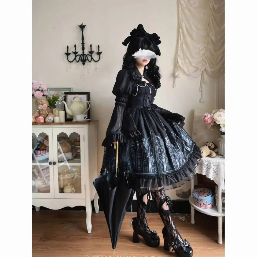 Vestido gótico japonés de Lolita para mujer, vestido Vintage de encaje de manga larga con estampado victoriano y chal, vestido de noche de fiesta Punk Harajuku - AliExpress