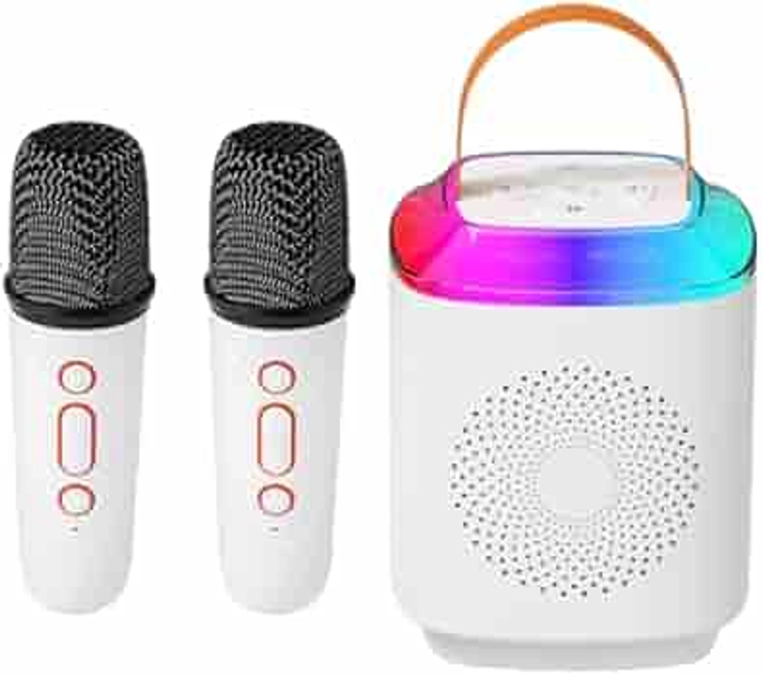 Mini Karaoke Machine, 2 Wireless Microphones Karaoke for Kids Adults, Portable Bluetooth 5.3 Speaker with Led Lights, Gifts for Girls Boys Birthday Christmas Indoor Outdoor Home Party (white-Two-Mics)