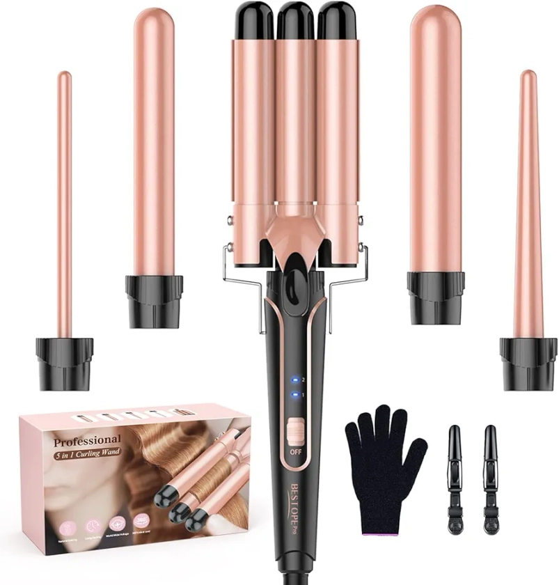 Waver Curling Iron Curling Wand - BESTOPE PRO 5 in 1 Curling Wand Set with 3 Barrel Hair Crimper for Women, Fast Heating Crimper Wand Curler in All Hair Type - Rose Gold