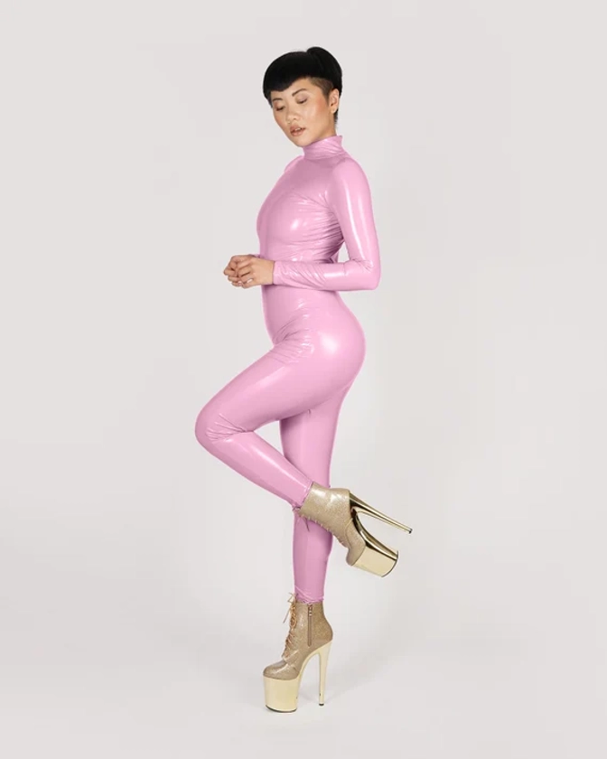 Catsuit en vinyle stretch rose pâle sur mesure PVC PU simili cuir body Festival combinaison costume taille S M L XL xxl Plus