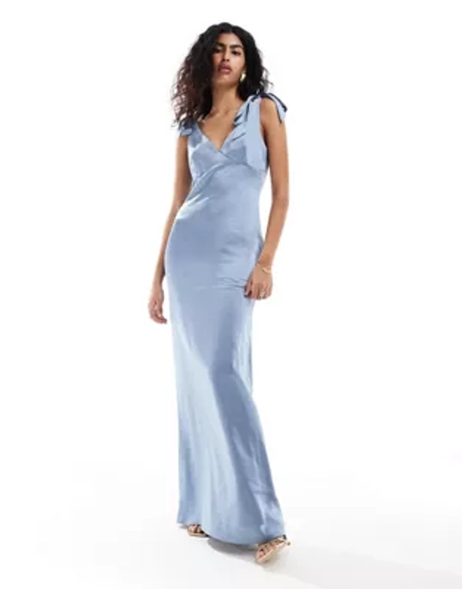 Pretty Lavish Bridesmaid Piper satin tie shoulder maxi dress in dusty blue | ASOS