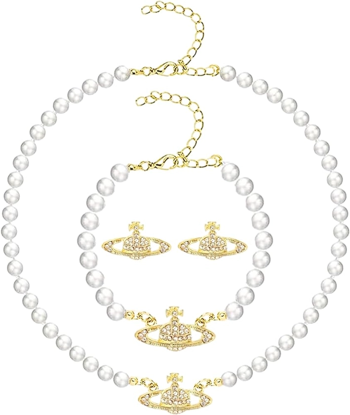 Lot de 3 colliers de perles pour femme - Boucles d'oreilles - Chaîne de perles artificielles Saturne - Chaîne de perles pour femme - Tendance et simple - En alliage - Avec pendentif - Cadeau pour