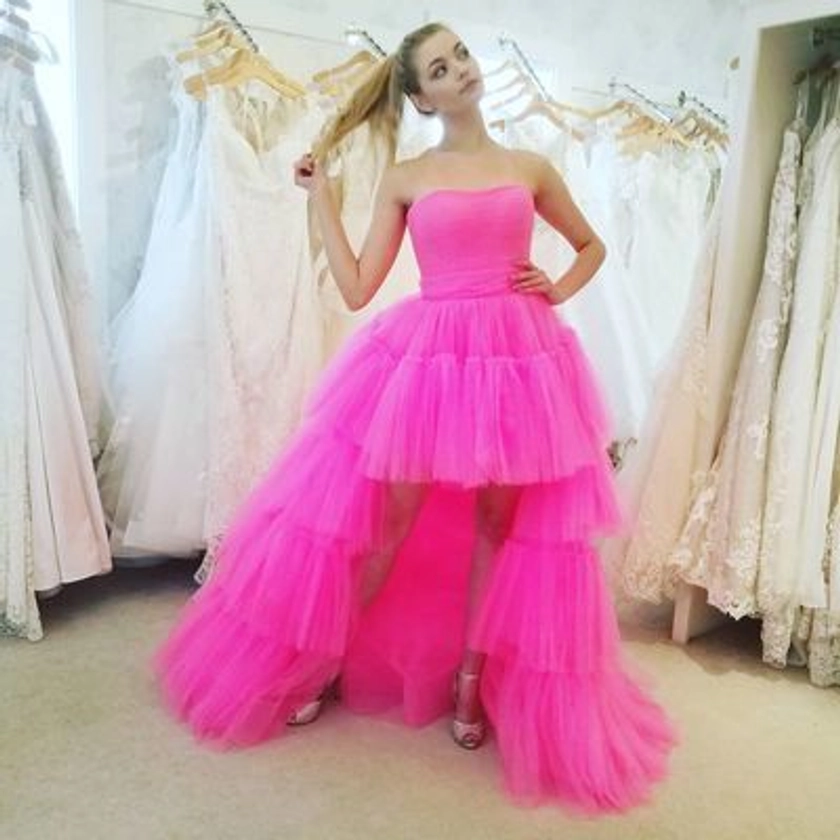 Charming Strapless Hot Pink Tulle Long Prom Dress, High low Evening Pa