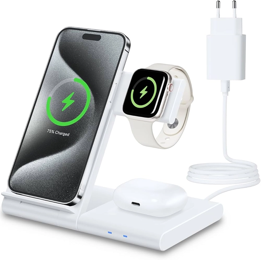 Chargeur Induction 3 en 1 pour iPhone 16 15/14/13/12/11/Pro/Max/XS/XR/X/8/Plus, Chargeur Rapide sans Fil pour iWatch 9/8/Ultra 2/7/6/SE/5/4/3/2, Station de Charge pour AirPods 2/3/Pro/Pro2