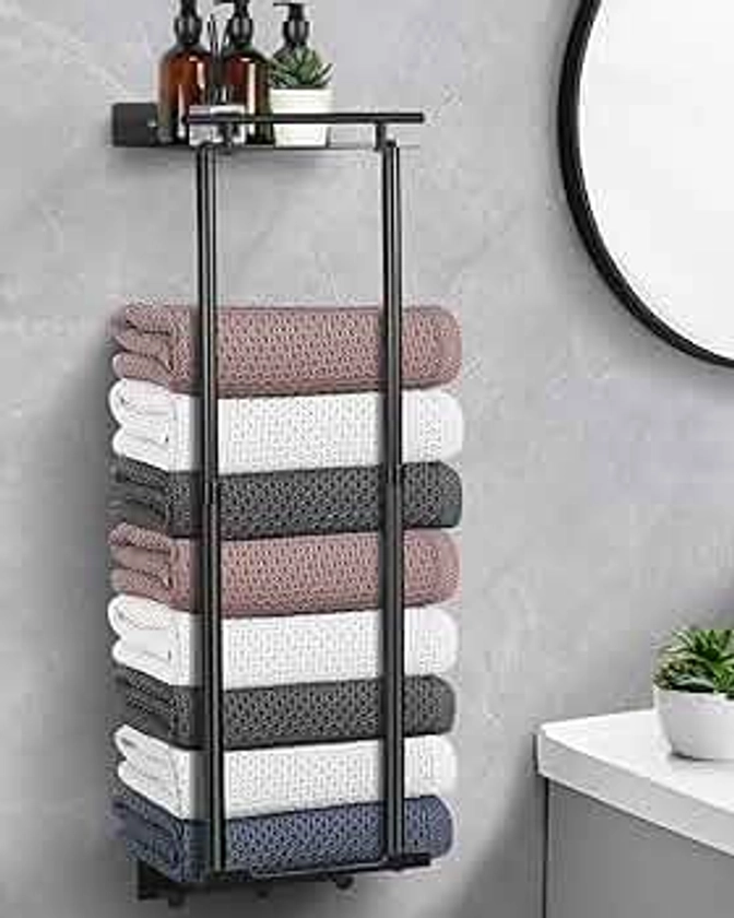 LIVEHITOP Towel Rack, Towel Storage Self Adhesive 81cm Adjustable Pole 41-72CM Stable Wall Mounted Towel Holder Bathroom Black with Shelf Hooks