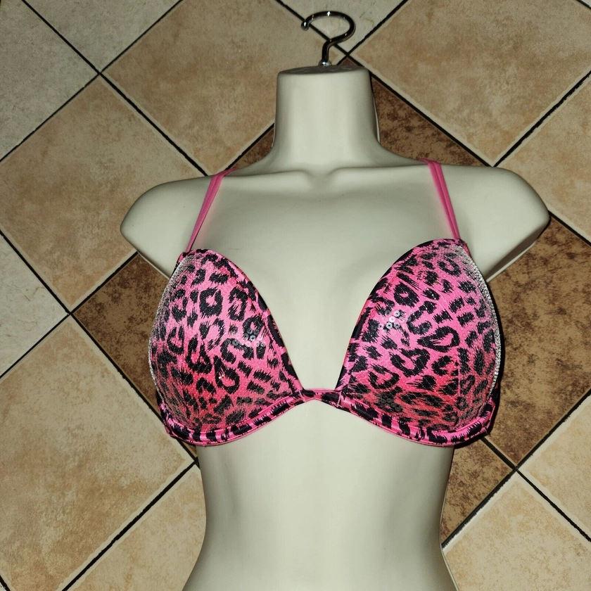 PINK Victoria's Secret Pink Cheetah Sequins Push-Up Plunge Bra 36C 2010 Y2K A2