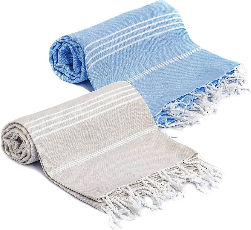 Large Turkish Peshtemal Bath Beach Towels Hammam Towels for Sauna, Spa, Yoga, Picnic and Beach – 100 x 180 cm - 39 x 71 inches (Grey - Blue, 2)