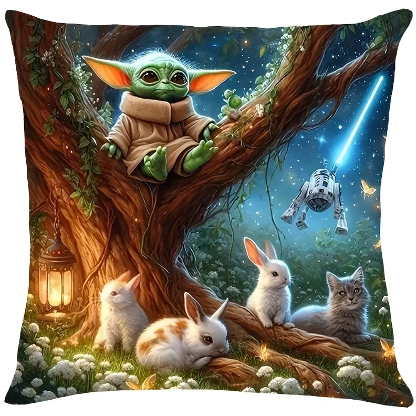 * *-Inspired Yoda & Friends Throw Pillow Covers, 18&*;x18&*; Adorable Yoda and Characters Printed Decorative Cushion Cases, Machine Washable