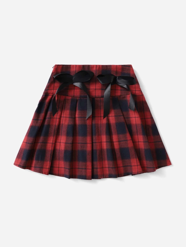 Knot Front Plaid Print Pleated Skirt