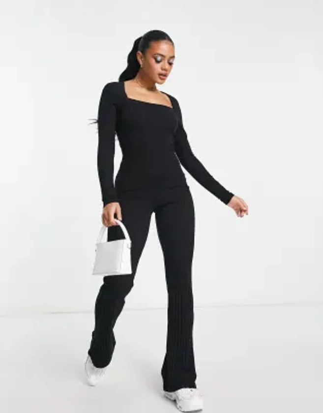 ASOS DESIGN ribbed square neck unitard jumpsuit in black | ASOS