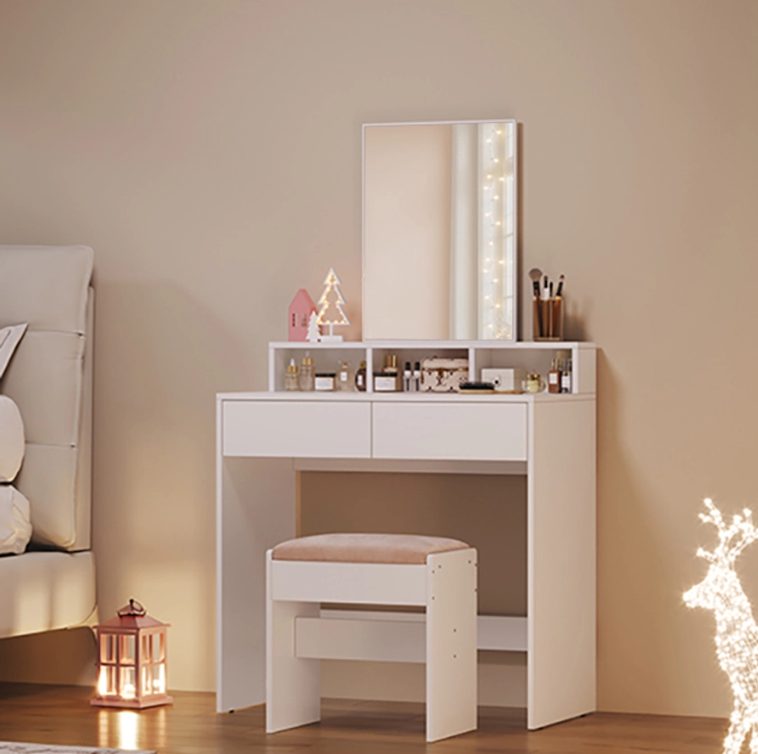 Coiffeuse Avec Miroir, 2 Tiroirs, 3 Compartiments De Rangement, 80 x 40 x 140 cm, SANS TABOURET, Style Moderne, Blanc