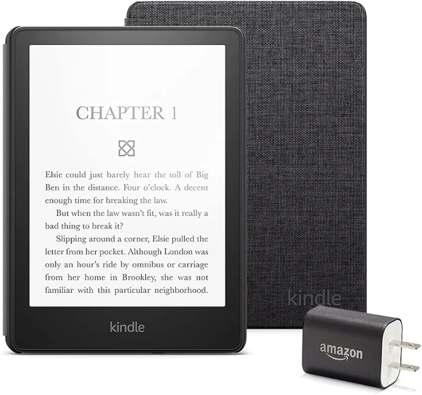 Kindle Paperwhite Essentials Bundle including Kindle Paperwhite (16 GB) Without Lockscreen Ads, Fabric Cover - Black, and Power Adapter