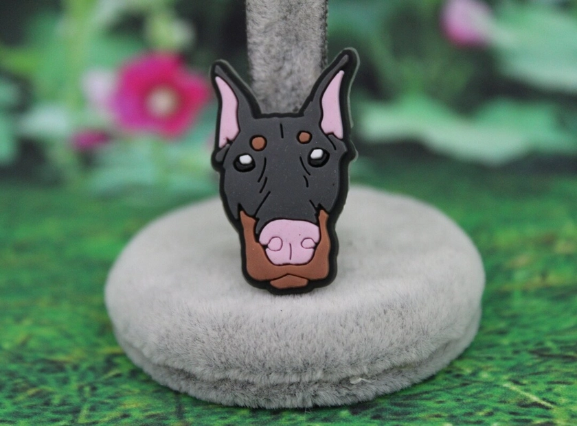 Dark Gray and Brown Doberman dog with Pink nose shoe charm